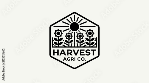 Harvest Agri Co. Hexagonal Logo with Sun and Flowers.