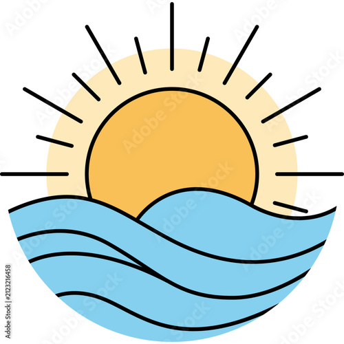 Stylized Sun and Ocean Waves Vector Illustration