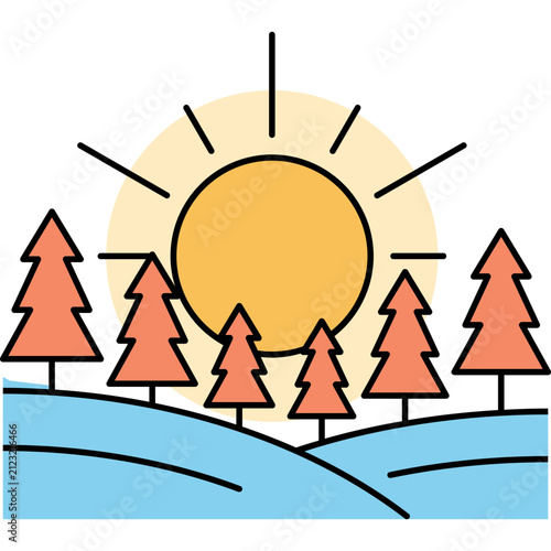 Minimalist Forest Sunrise Landscape Vector Illustration