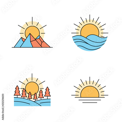 Minimalist Nature Landscape Icon Set with Sun, Mountains, Waves, and Forest