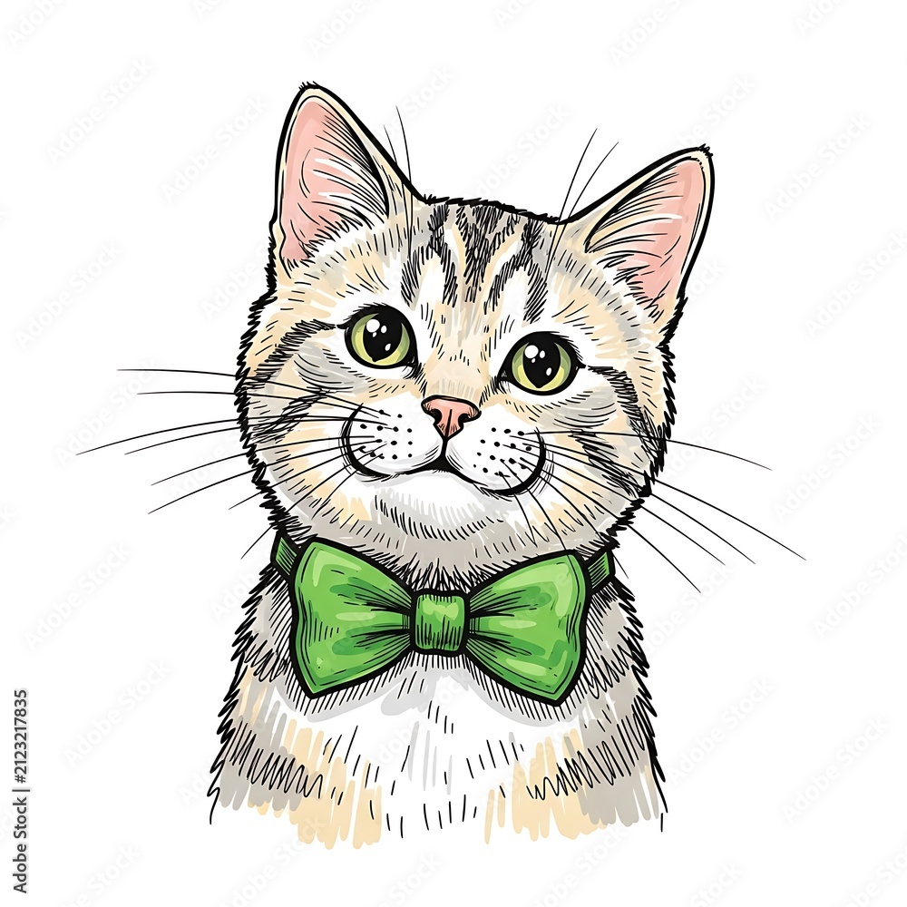 Naklejka premium Dapper Tabby's Whimsical Grin, Emerald Bow Art