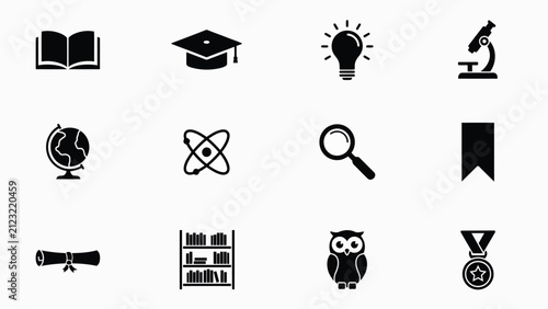 Modern minimalist icons set featuring academic and scientific symbols on clean background with high contrast black white icons representing education