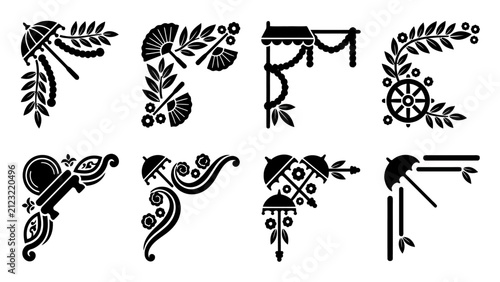 Black decorative corner ornament vector collection inspired by traditional designs