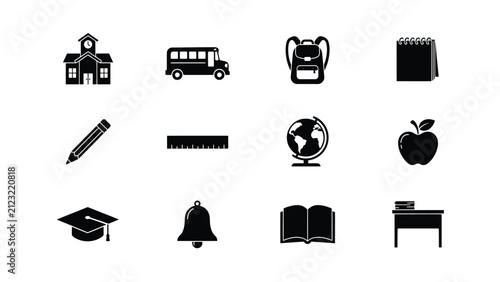 Minimalist black icon set with monochromatic grid twelve minimalist icons representing traditional educational symbols rendered bold black silhouette style