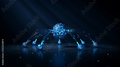 Central sphere connected to smaller spheres by glowing light lines digital network.