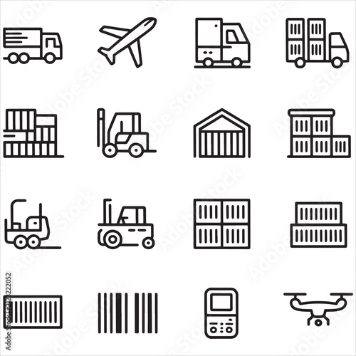 Set of logistics and transportation icons featuring shipping containers delivery trucks forklifts and warehouse storage equipment line art
