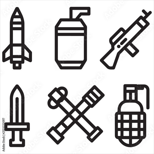 Set of military and weapon icons including rocket rifle sword and grenade in a simple line art style