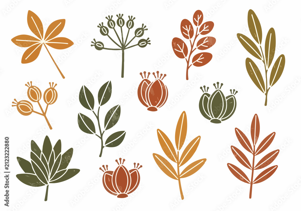 Obraz premium Colorful autumn leaves and poppy seed heads illustration