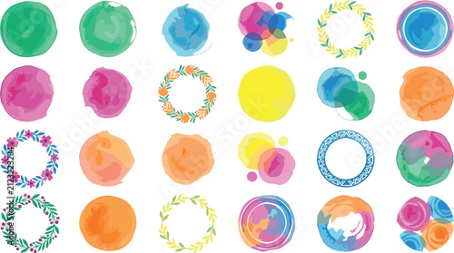 Colorful Watercolor Circle Stain and Floral Wreath Frame Icon Set Vector Elements