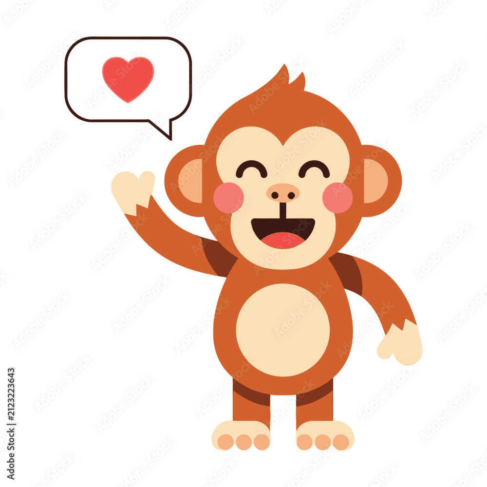 Obraz premium Cute Happy Monkey Character Waving Hand with a Red Heart Symbol Speech Bubble