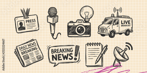 Hand drawn vintage black ink scribble doodle vector set of media press journalism news broadcasting icons for creative graphic design
