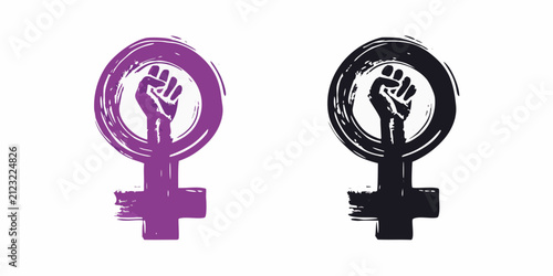 Feminist Symbol Variations With Raised Fist Black And Purple Brushstroke Style