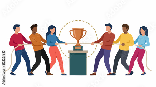 Foto Diverse Teams Competing in Tug of War for Trophy, Business Success Concept