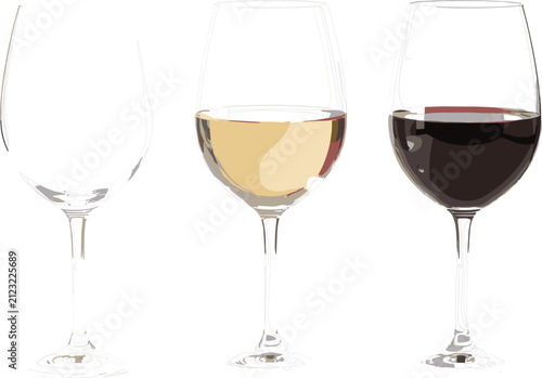 Fotografía Three elegant stemware pieces showing an empty crystal goblet alongside fresh wh