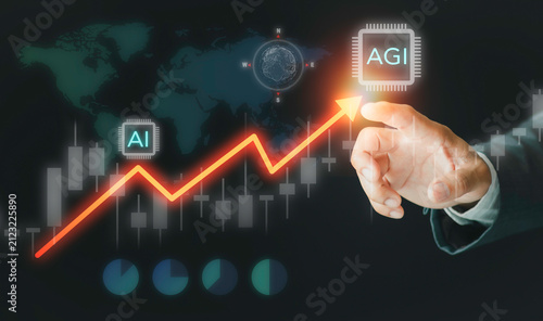 Businessman pointing at rising graph arrow from AI to AGI chip concept. Artificial general intelligence evolution, tech stock trading growth, future technology investment, and global trend.