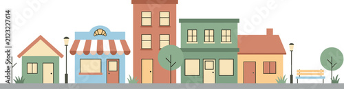 Small Town Main Street Flat Illustration with Bakery, Houses, Street Lamps, Bench, and Trees Vector Skyline