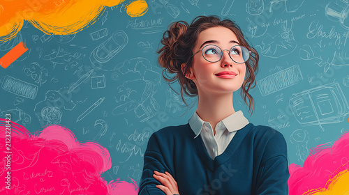 Creative young woman with glasses looking up at colorful abstract ideas and doodles on blue background, imagination and education concept