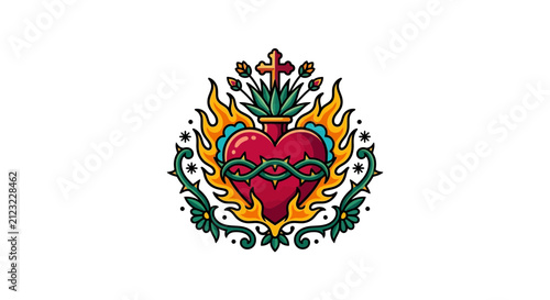 Sacred Heart Illustration with Flames and Thorns
