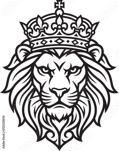 Quadro su tela Majestic King Lion Head Wearing Crown Vector Line Art Logo