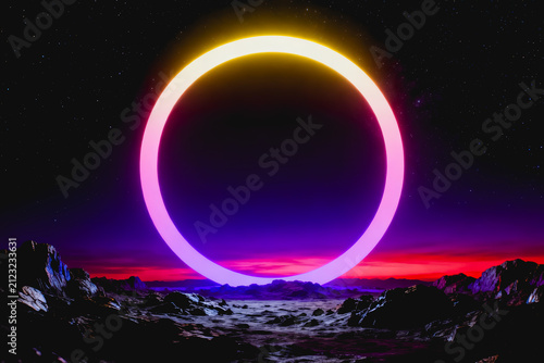 A glowing neon ring hovers over a rocky landscape beneath a starry night sky with vibrant purple and red horizon hues, creating a surreal futuristic scene.