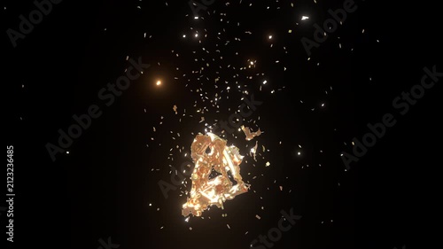 Abstract large golden soft body cube falling and bursting into countless sparkling confetti particles upon ground impact in the dark space 3D render 10bit alpha animation.