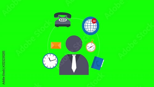 Business Communication Network with Contact Icons Around Professional Avatar Animation