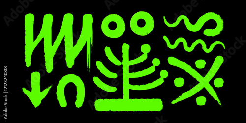 Foto Neon green tribal pattern with abstract glyphs on black background