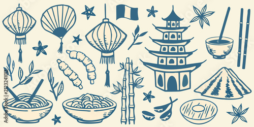 Konstfotografi Vietnamese Landmark And Cultural Element Collection Blue Line Illustration