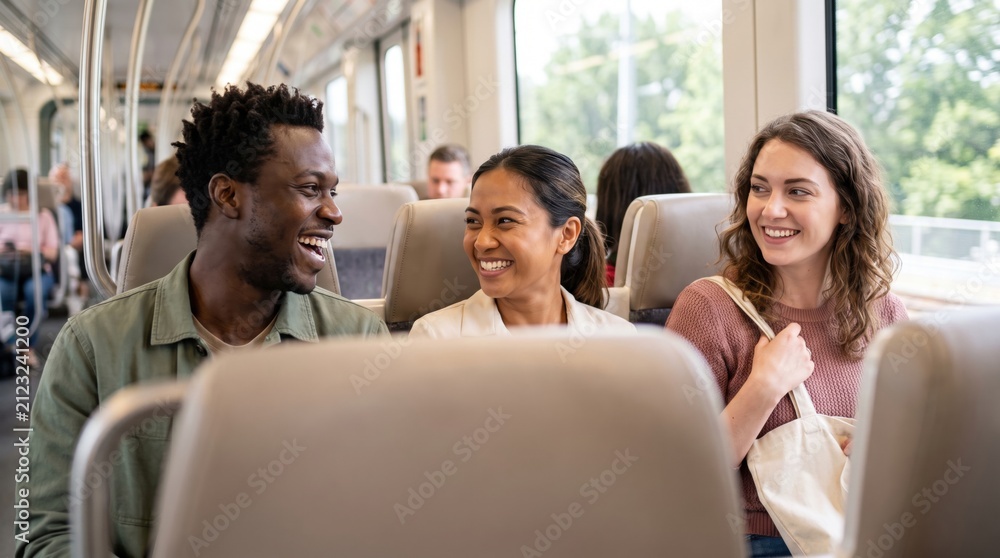 Fototapeta premium Three multicultural rail passengers smile across high-backed seats during a green suburban journey, capturing spontaneous friendship, inclusive conversation and a cheerful shared commute in daylight