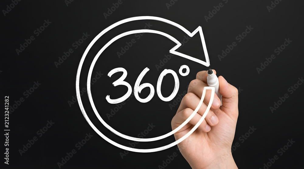 Naklejka premium A hand drawing a white circular arrow with the text 0 degrees inside it on a black background using a white marker pen featuring writing, whiteboard, circle, rotation, full circle and symbol