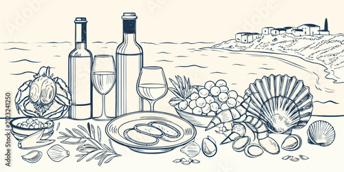 Foto Seafood platter and wine with coastal town sketch line illustration
