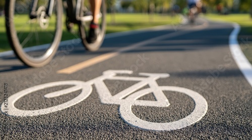 White bicycle lane sign on asphalt path with blurred cyclist