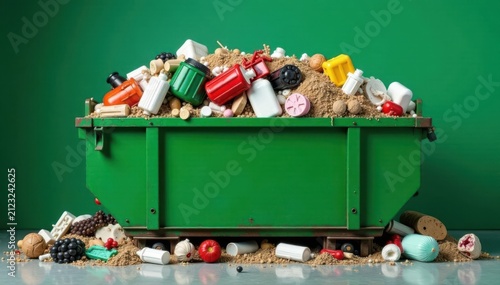 Green dumpster overflowing with household waste; rubbish spilling over sides, litter, household waste, green