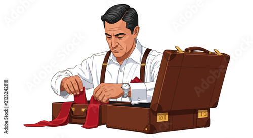 Bild auf Leinwand Hispanic COO Packing Travel Iron into Rose Gold Suitcase