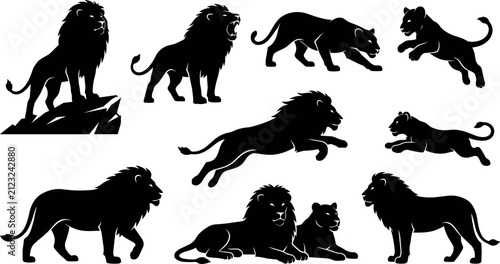 Canvas Print Black Panther Silhouette Vector Set Featuring Wild Big Cat Poses Including Jumpi