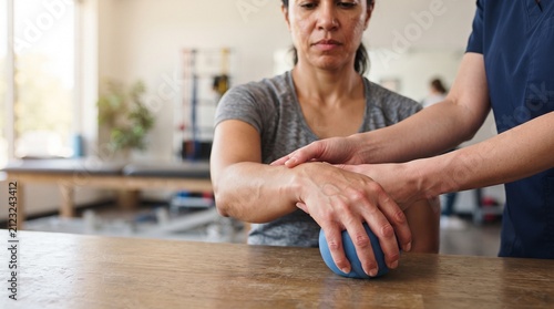 Adult woman performing a gentle wrist mobility exercise with an unbranded therapy ball during rehabilitation in a clean clinical setting.