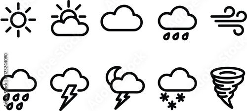 Foto Diverse weather icons in a clean line art style on a white background representi
