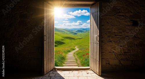 A weathered wooden door opens into a stone wall, revealing a vibrant landscape.
