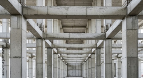 A wide-angle photograph captures a long, concrete tunnel with numerous vertical columns and horizontal beams.