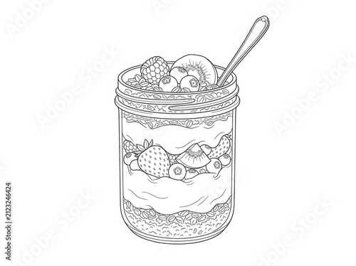 A line drawing depicts a glass jar filled with layers of granola, kiwi slices, blueberries, strawberries, and a spoon. The jar has a decorative rim.