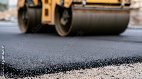 Road roller compacting fresh asphalt on road construction site