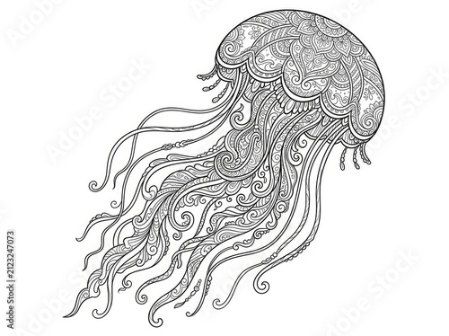 A detailed, intricate jellyfish illustration is rendered in black and white. The jellyfish exhibits a complex, swirling pattern of decorative lines and curls.