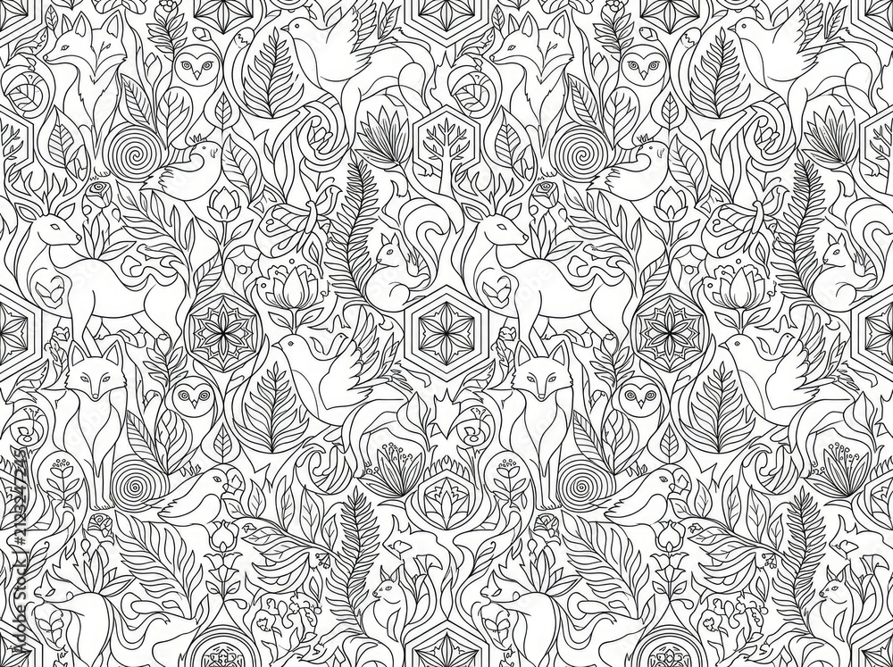 Fototapeta premium A dense, intricate pattern fills the image with numerous deer, foxes, and ferns. The design features a complex, repeating motif of stylized animals and foliage, creating a busy, layered composition.