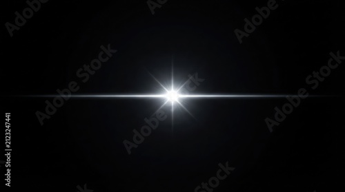 A bright white star burst light effect with horizontal lens flare rays isolated on a solid black background