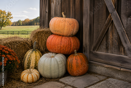 Stacked pumpkins near barn door