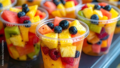 Colorful mixed fruit salad in a transparent takeaway plastic cup with pineapple, melon, watermelon, and blueberries, fresh juicy appearance