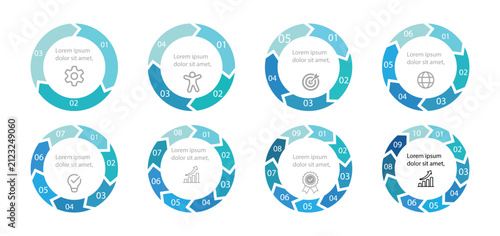 Colorful Circular Arrow Process Icons Set with 2 to 10 Steps for Infographics. Round reload sign, repeat icon, rotate arrow symbol.Vector pie charts set. 