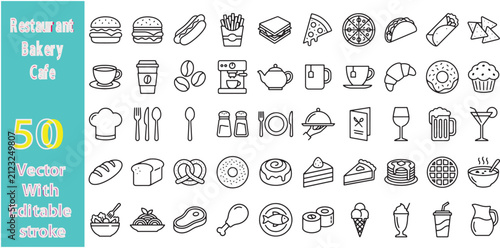 Restaurant bakery cafe food and drink outline icons, editable stroke collection for menus and applications.