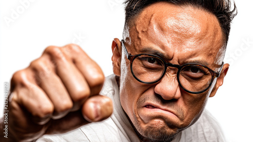 Angry man with glasses showing fist looking aggressive frustrated outburst