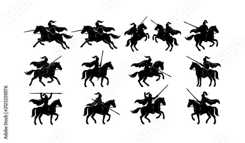 Konstfotografi Medieval Knight Horseman Silhouette Collection with Spear Dynamic Riding Poses V